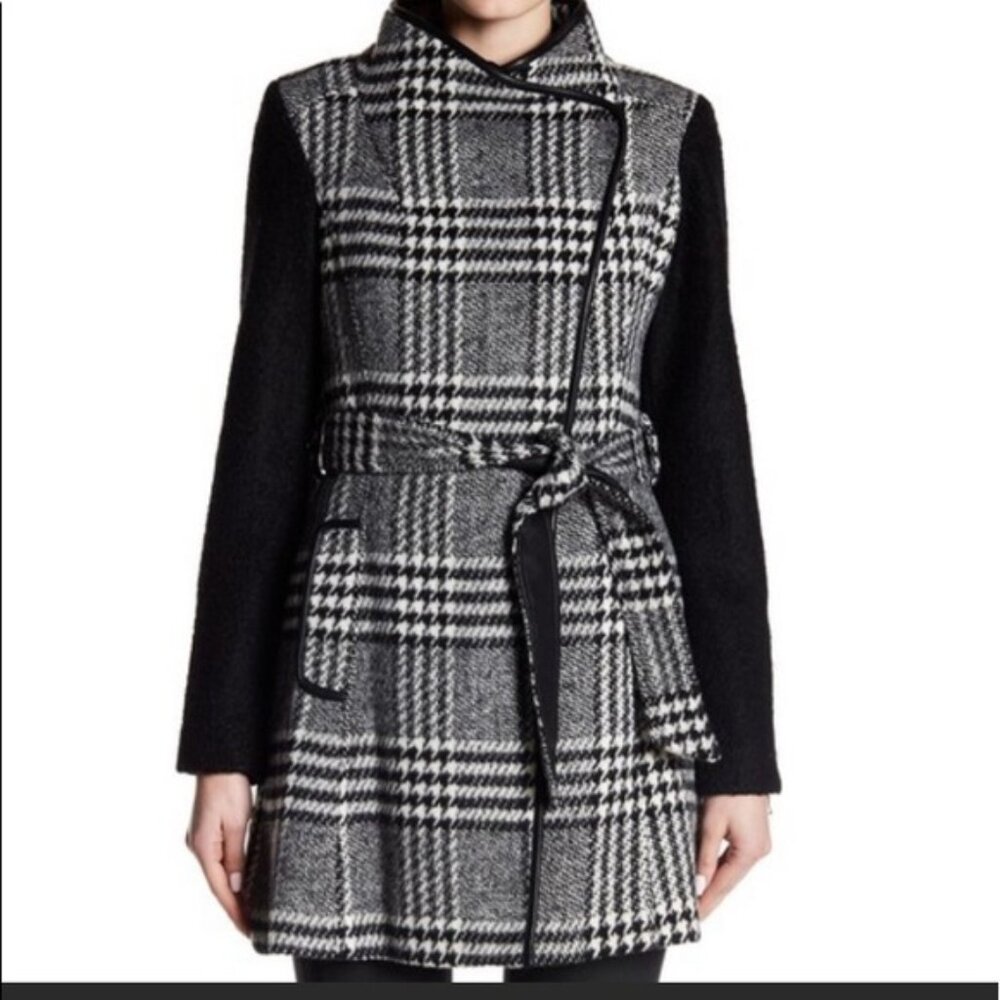 Guess Coat Houndstooth, Wool Blend Jacket, Womens, Black White, Size Small, Chic